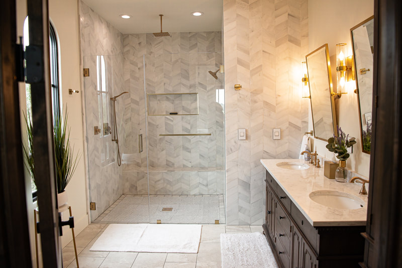 Spanish Revival Master Bathroom with neutral color Spanish style tile throughout
